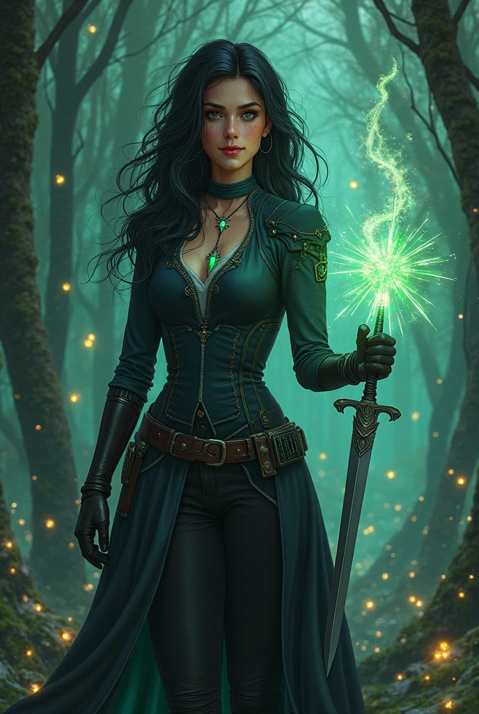 Shadowheart, the half elf from baldur's gate 3, best quality, ultra-detailed CG unity 8k wallpaper, floating, high resolution, dynamic pose, beautiful face, (green eyes:1.2, black hair:1.3, black robes, cleavage), depth of field, white forest, golden leaves, magic light), holding a dark grey dagger in her right hand, casting black and dark green magic with her left hand