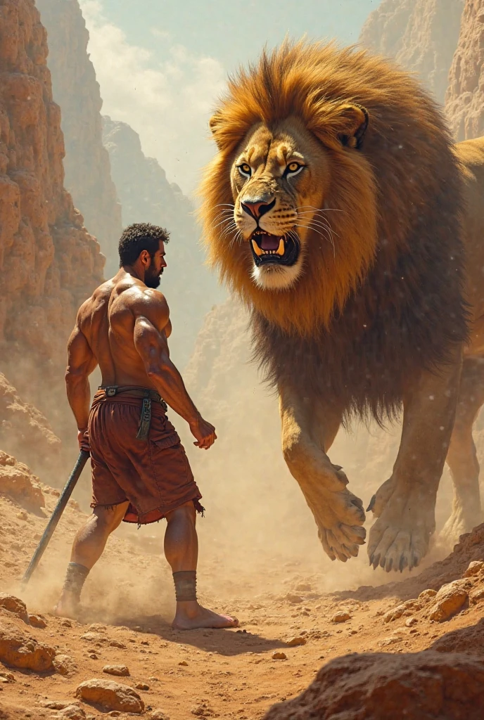 masterpiece、Highest quality、Highest quality、Detailed Description、Brave、art、Epic、One strong man、Greek Mythology、Based on the hero Hercules、An epic battle、With a sword and shield、Hero fighting a lion、battlefield、Sharp Eyes、4K Graphics