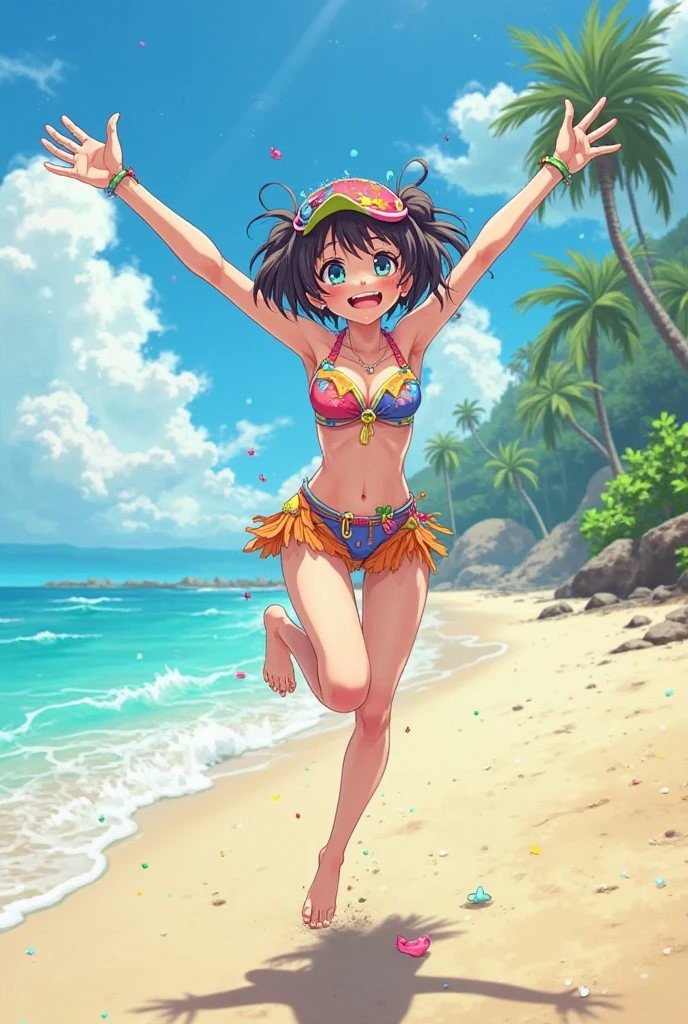 (high quality, High resolution, Very detailed, reality:1.37), Peaceful atmosphere, (Sandy Beach), Teenage girl standing alone, (my breasts are big.), Beautiful details, Cute Smile, (Black bob hair), Swimwear, barefoot.