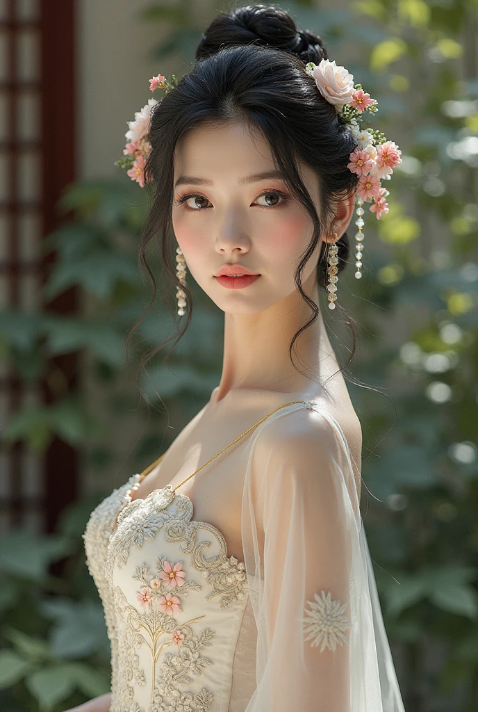 ((8k,A high resolution,Very detailed faces,Intricate details throughout the body,动态照明,photography of,poster for))
being in the grassland,A charming woman wears a gorgeous red dress。This dress is superbly cut,It reveals an elegant and noble temperament。Its style is slim fit,Fits snugly to the silhouette,Accentuates the graceful curves of women。
The fabric of the red dress is soft and smooth satin,It gives a sense of luxury。It shimmers in the sun,It seems to dot the entire steppe。The upper part of the dress has V-shaped lace embellishments,Showcases feminine collarbones and necklines。This lace decoration is full of delicate patterns,Adding a romantic atmosphere。
The hem of the dress is a wide fishtail design,Make the female figure more attractive。It consists of multiple layers of fluffy gauze,Each layer is decorated with delicate embroidery and beadwork,It seems to radiate starlight。Whenever a woman walks,The screen flutters gently,It's like dancing on the prairie。
Women's makeup is delicate and elegant。Her lips are smeared with bright red lipstick,Full and seductive。Her eye makeup is meticulous,The eyeliner is drawn softly and elegantly,Pair it with thick lashes and the contours of the eyebrows。Her eyes flashed brightly,It exudes a sense of confidence and charm。
The highlight of the whole look is her accessories。She wears a delicate necklace,The necklace is set with rubies and diamonds,Shimmering with dazzling light。She wears a ruby bracelet on her wrist,Complement the dress。She wears ruby earrings for her ears,It adds a touch of brightness to the whole look。
The woman stood on the steppe,Her beauty is different。The details of her red gown sparkle with luxury and art everywhere,Make her the most dazzling presence on the steppe。