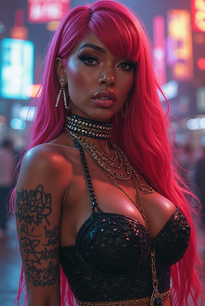 Dystopian Fashion cyberpunk full body ultra hot gorgeous woman. age 23.epic cleavage (100e breast size) tattoos, dreadlock hair, cyberpunk leather dress, photorealistic, Cyberpunk pink glow background