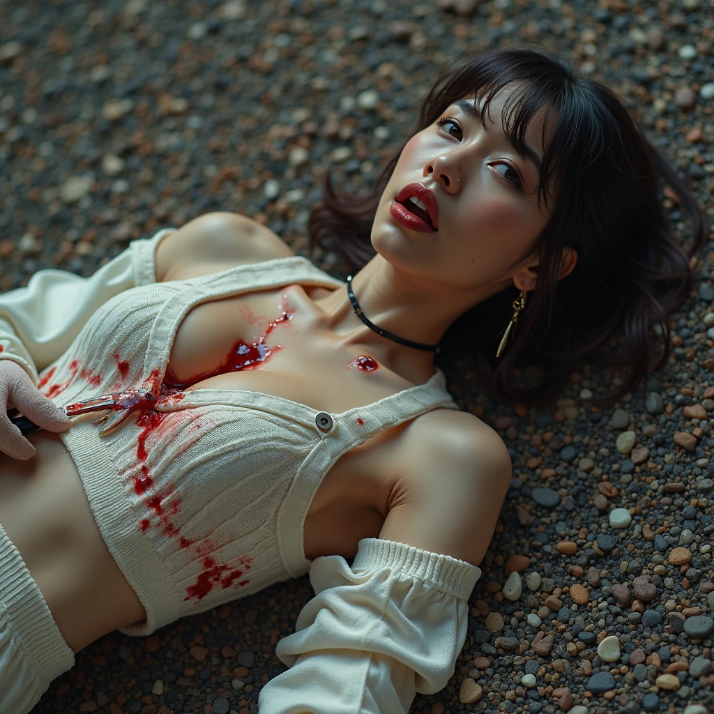 old black and white photo style, woman, lying on the floor, dead, blood, a lot of blood, 8k
