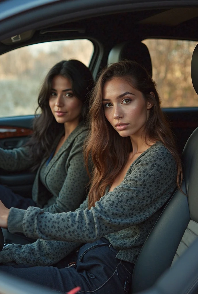 Brune dans une voiture, elle tire la langue