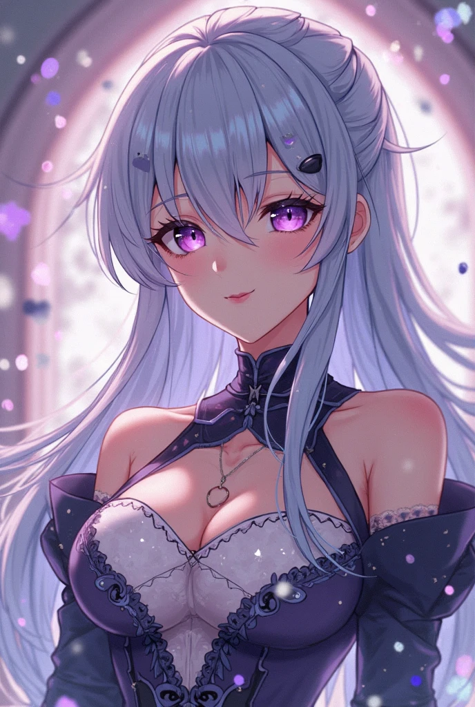 Young girl, long light blue hair, purple eyes, smirk, purple princess dress, chest neckline, masterpiece, high quality