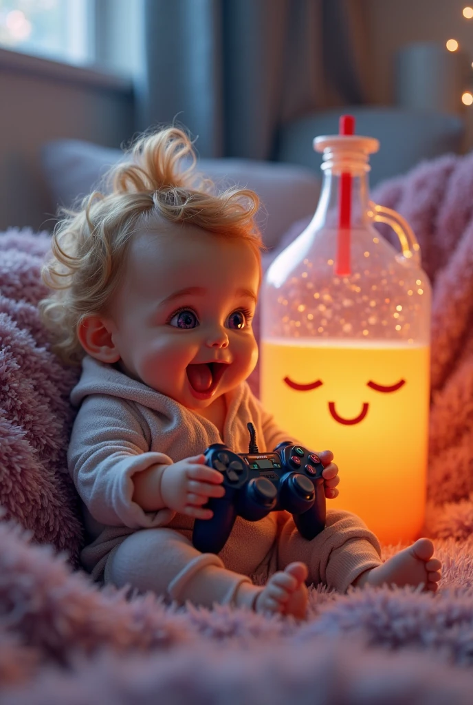 A young girl, with an olive-toned complexion and curly, honey-blonde hair, kneels on a plush, cream-colored carpet in a dimly lit room. The soft glow of warm, golden light emanates from a series of floor lamps, placed strategically around the space, casting a comforting ambiance. The girl's eyes, a bright, sparkling blue, are focused intently on the task at hand, her hands cradling the transparent liquid, which pours slowly into a gleaming, silver cylinder. The word "love" is scrawled across the cylinder in bold, black letters, the ink seeming to dance across the surface. In the background, the walls of the room are adorned with delicate, hand-painted murals, depicting scenes of nature and whimsical creatures, blending seamlessly with the warm lighting. The film grain is subtle, with a slight texture reminiscent of 35mm stock. The color grading is muted, with a slight warm bias, emphasizing the cozy atmosphere of the scene.