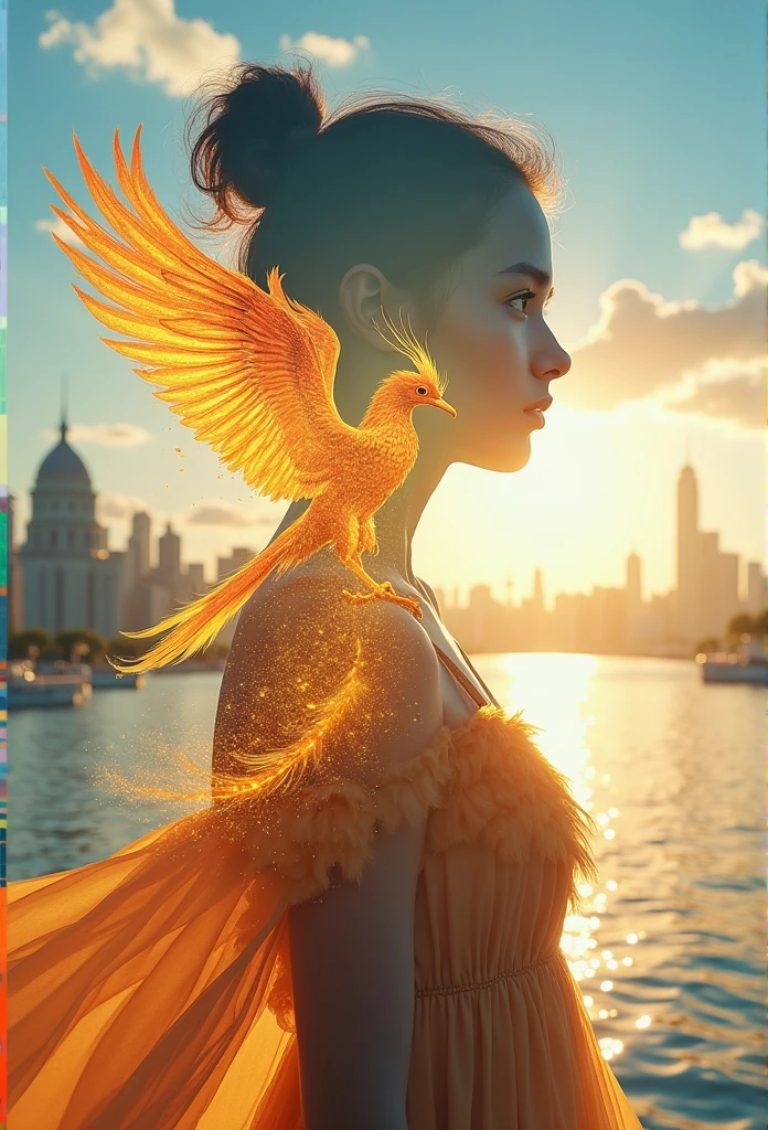 Double exposure: 1.5, (Ultra HD photo, sharp outline quality), Best quality, Realistic 8K stock photo, (Pretty girl's upper body silhouette in flowing fluffy dress looking at viewer_Closeup angle: 1.1), (Beautiful city background inside girl silhouette and flaming golden phoenix with gorgeous wings superimposed inside girl silhouette_Zoomed in on the center..), (Golden feathers spreading in the air with flapping wings_Dynamic angle), Outside the silhouette, left city is heaven, right blue beach, sunny day outdoor blue sky, fluffy clouds, halo, (Realistic photo image with vivid colors of vivid blue, white and gold), Outside the silhouette, background with blurred green shades in the margin: 1.2,