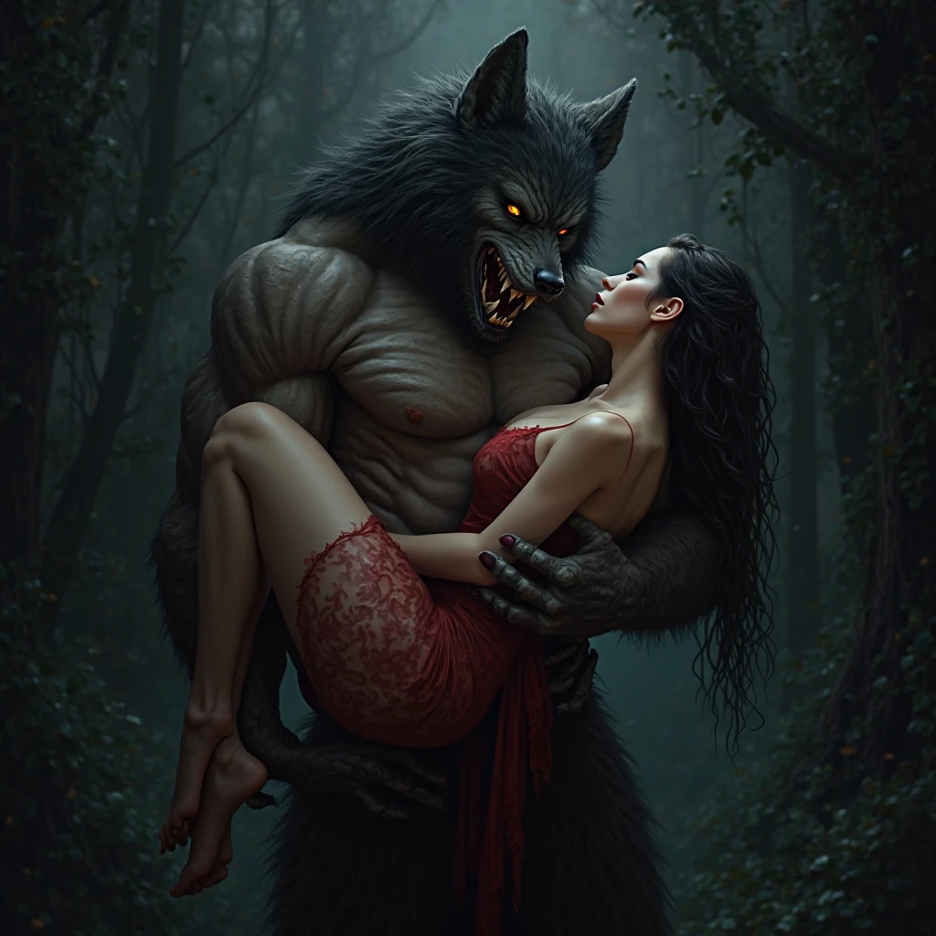 horror , (beauty and bestiality) , beautiful woman , (with ugly beast) , moist thin eyes , glossy lips , Swollen cheeks , heart is beating fast , messy dress , Devour each other like beasts