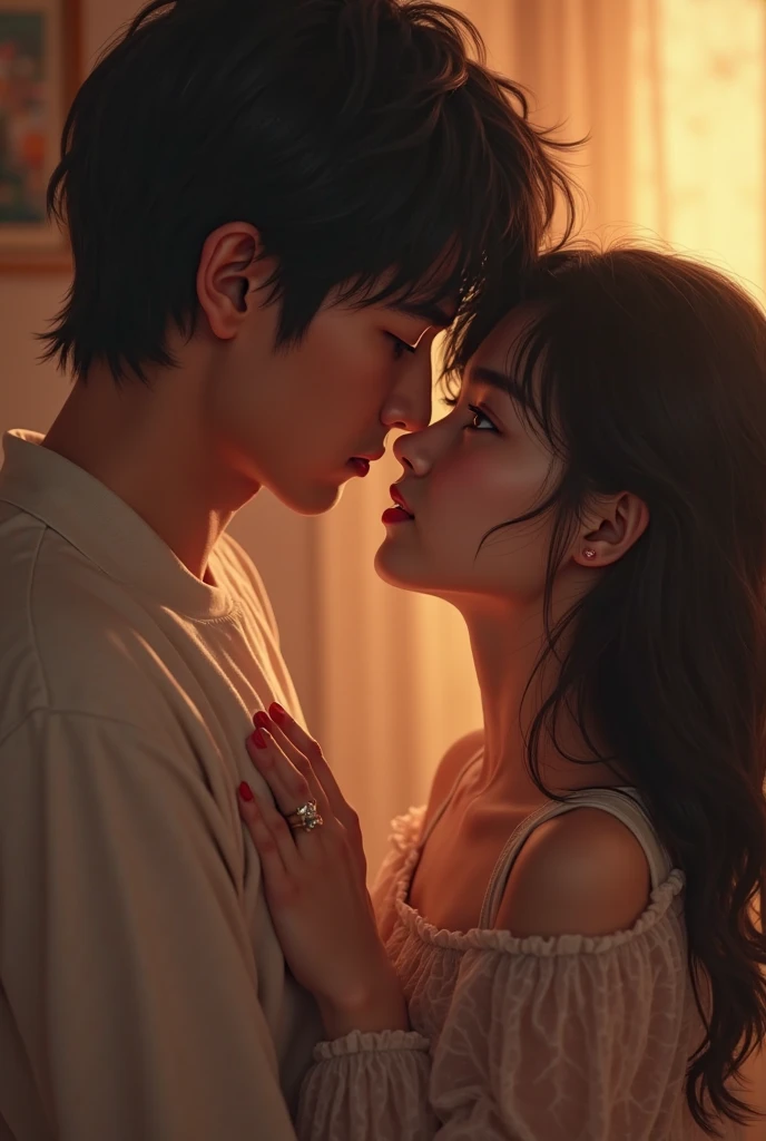 Girl touching boys face on bed