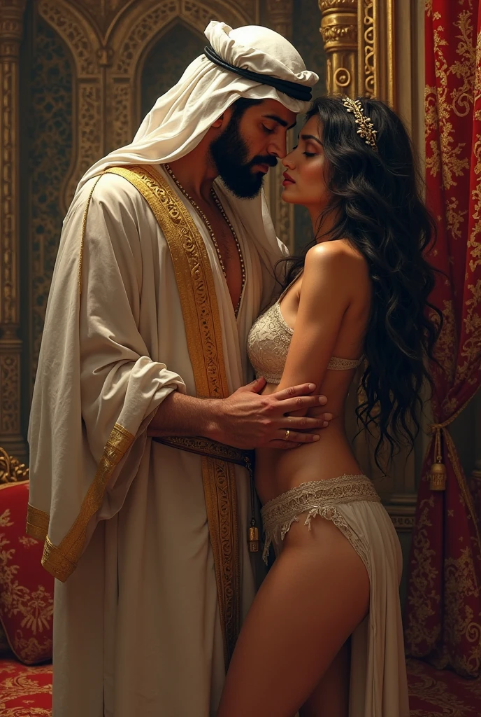 perfect face (hijab), (9 years old), (curvy:1.4) saree wlop perfect full HDR body exposed midriff curvy indian armpits bellydancer 8k high res knees ankles , ( couple, uncle kissing:1.7)