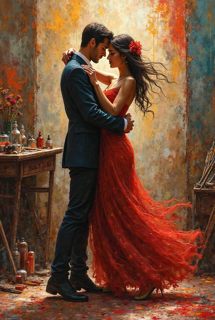 A portrait of a a couple in a tango She has a contemplative expression, with her gaze directed towards the viewer. The woman wears a draped garment with slip on the side in shades of  red , with the fabric flowing   gracefully around her. The background is abstract, with soft, bokeh against a dark backdrop , emphasizing the subjects. Setting: Curiosity, fascination, phosphorescence Artists: Mann, Gammell, Kley, Goldin, Gerome, Quentin Blake, DamienHirst, Hajime Sorayama, Anne Bachelier, Gibson, Rockwell, Seagrave, Alberto Vargas, N.C. Wyeth, beksinski, Parrish Style: American Realism Color Palette: warm Vibrant, Parrish blue Techniques: impasto Details: idyllic, innocence, fractalize, conceptual art, portrait photography, graffiti, vibrant, poster, cinematic, 3d render, illustration, photo, painting