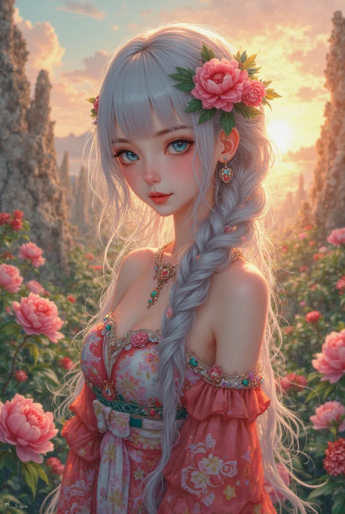 Fantasic Illustration, Masterpiece: 1.2, Highest Quality, Highres, 16k, Beautiful Detailed, Ultra-Realistic, Photo Realistic: 1.37, Beautiful Cute Girl, kneeling in English rose garden,under the rose arch, rose tattoo on arms, growing eyes, shining pupils, blushed cheek, shiny rosy lips, wearing Bikini top and wrapping skirt show off tattoo, delicate beautiful (hair, face, eyes, pupils, long eyelash), middle breasts,