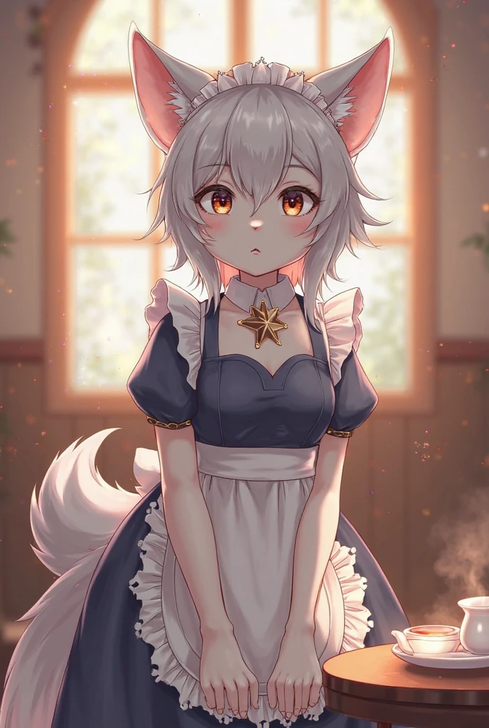 absurdres, furry, female furry, anthro, trending on artstation, uploaded on e621, detailed portrait of a anthro woman, extreme detail, detailed fluffy fur, full body, blushing, detailed eyes, (shaded), (detailed lighting), (cinematic lighting), (masterpiece, hi res, RAW photo, high resolution, high details, best quality), high definition, (high sharpness:1.3), <lora:breastsizeslideroffset:-0.2>, <lora:breastinClass:0.4>, red fox girl, red fur, fox ears, fox tail, long hair, platinum hair, side braid, yellow eyes, (wide hips:0.3), cleavage, from above, <lora:art_by_dagasi:0.5> , art by dagasi, <lora:maid_attire_v2:0.3> , maid attire, black pantyhose, high heels