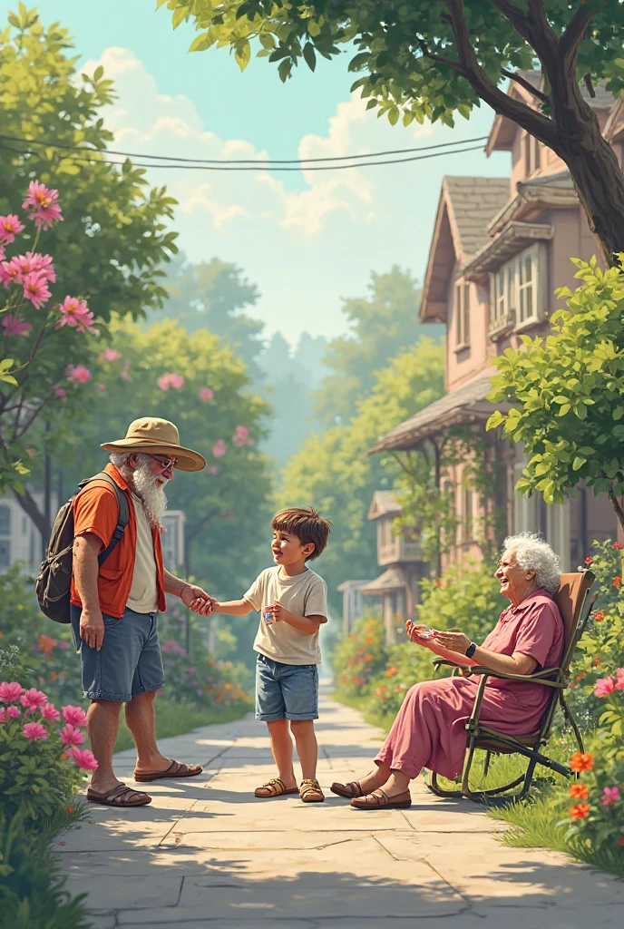 An elderly man with gray hair and a deeply wrinkled face, wearing simple, worn-out clothes, walks slowly past a park. He looks sad, with his head slightly bowed and a somber expression on his face. In one hand, he clutches a large bag filled with plastic bottles that he’s collected. In the background, there are a few children playing in the park, visibly laughing and pointing at him. The contrast between the man’s sadness and the children’s mocking laughter is evident. The scene is set on a bright, sunny day, with trees and green grass surrounding the park.