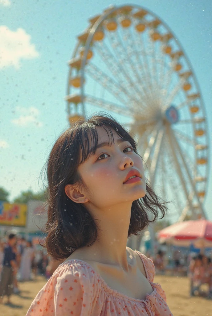 Inside the Ferris wheel、Cloudy、Depressed girl、Expressionless、Looking up at the sky、Upper Body、Black Hair、Japanese、Long Hair、Real、