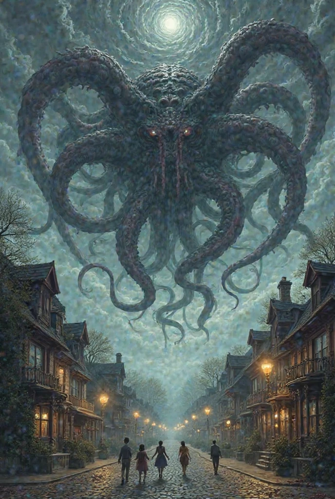 there is a giant octopus that is in the middle of a building, inspired by H.P. Lovecraft, inspired by lovecraft, lovecraft art, lovecraft horror, lovecraftian inspiration, lovecraftian horror!, lovecraftian atmosphere, where lovecraftian horrors roam, lovecraftian horror!!, lovecraftian horror, lovecraftian background, lovecraftian landscape