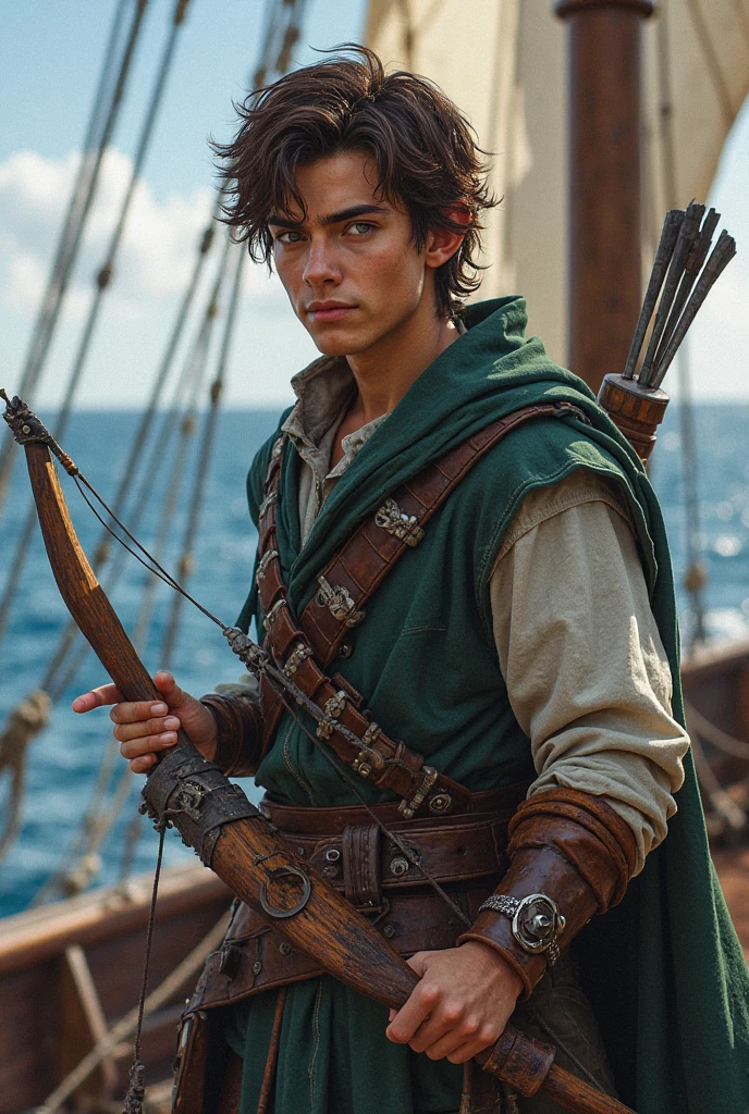 18 year old white male sitting on deck of pirate ship playing mandolin, dressed in loin cloth, detailed face, detailed hands, detailed instruments, highly detailed, photorealistic, evening, fire lighting, vibrant colors, cinematic, epic atmosphere, fantasy, adventure
