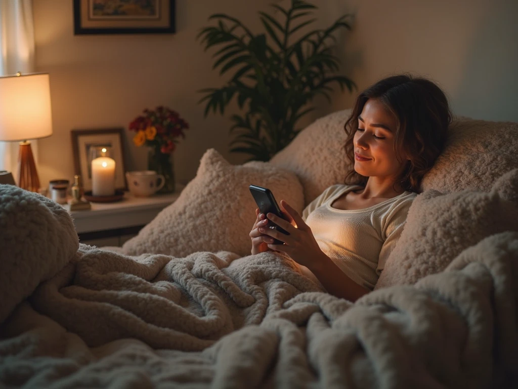 Same indian female age 28, in her house,in her bedroom, wearing night tshirt ,clean background,lying on bed , looking at her mobile,mobile in hand,searching website singlehu.com, looking at mens profile and sending interest to the profiles
