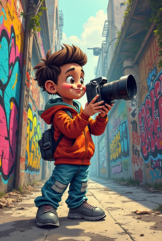 I want him as if he were in a cartoon with a graffiti a camera.