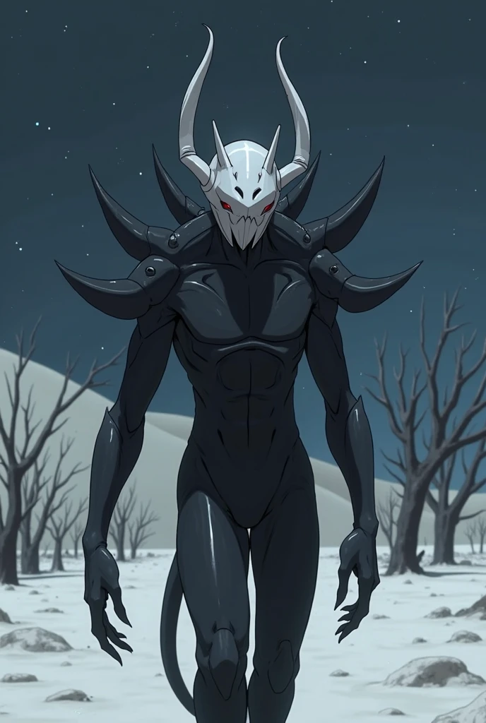 A creature (waifus) dark black body and hunchback, with a unique and intimidating design. She wears a white armoured mask with straight horns,  hiding his face . Her body has four arms. he is walking in a white sand desert with dead trees, at night,  screenshot, anime.