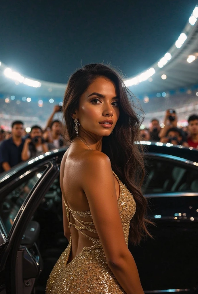 beautiful mexican prostitute in short dress, slim, provocative look, bottom: dark street, Activity: smiling, image quality: 8k, aspect ratio: 9:16, Emotional state: satisfaction, energy: high, Size: medium, Structure: Structuredo, camera angle: foreground, Camera angle position: view from above, Lens settings: Telephoto lens, type of light: golden hour, Creative photography: Kodachrome