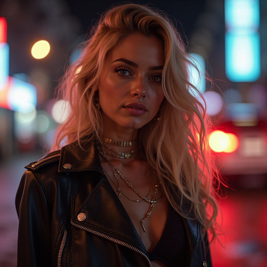 "in a futuristic urban environment, the figure of a young blonde emerges from the mist of the rainy streets. Your almost golden hair is wet from the rain, while drops run down your black leather jacket. Wearing a tight black t-shirt, your bust stands out under the damp fabric, adding an aura of mystery and sensuality to your presence. The town&#39;The flashing neons are reflected in his blue eyes, creating a mesmerizing glow. With an upright posture and determined expression, she seems ready to face the challenges of the cyberpunk metropolis, where every shadow hides secrets and every neon light reveals hidden dangers."