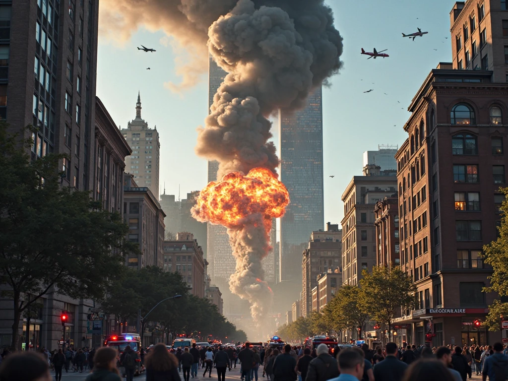 Draw a picture of many large buildings exploding with jets passing by above them. Add high heat. Describes a very powerful explosion
