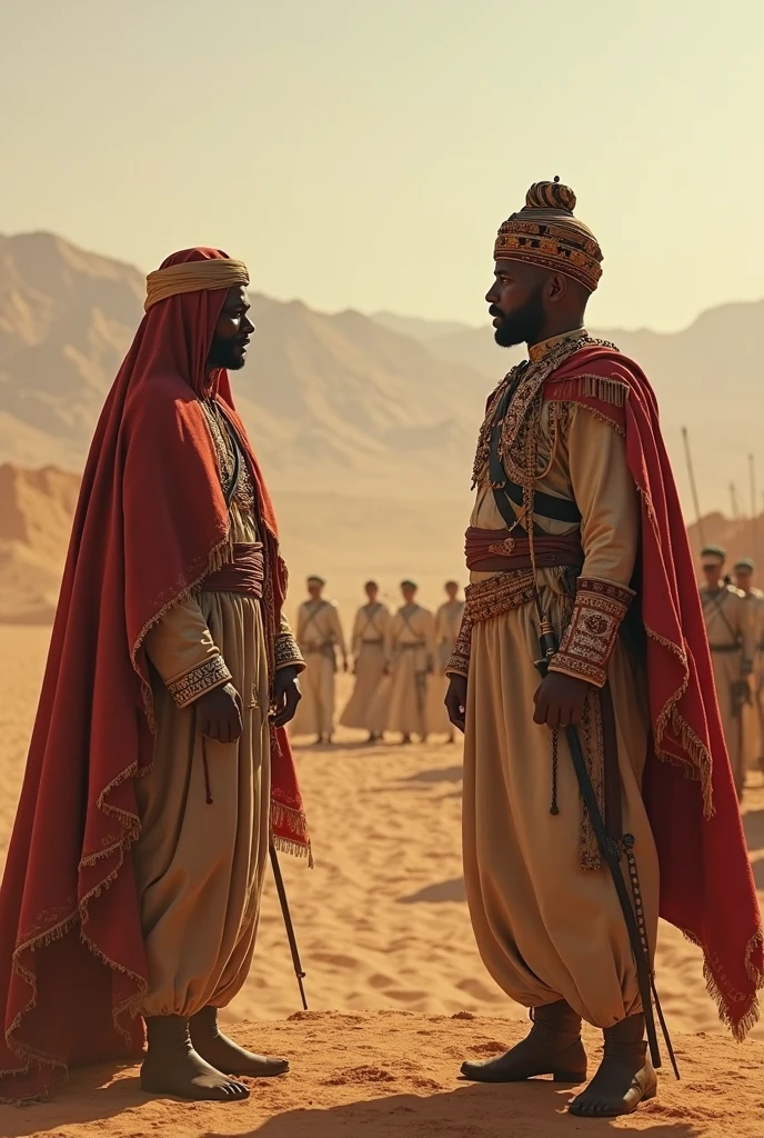 Create a realistic and detailed image of Queen Makeda, the Queen of Sheba, traveling with her grand caravan. The scene should depict a large caravan of camels and donkeys carrying goods, supplies, and gifts. The Queen is surrounded by royal guards, servants, and attendants. Musicians and entertainers are also part of the entourage, providing music and performances. Luxurious tents are set up at a rest stop, with rich fabrics and comfortable furnishings. The landscape should reflect the arid regions of ancient Arabia and Africa, with a backdrop of desert and distant towns, her outfit should white brownish cotton dress.
