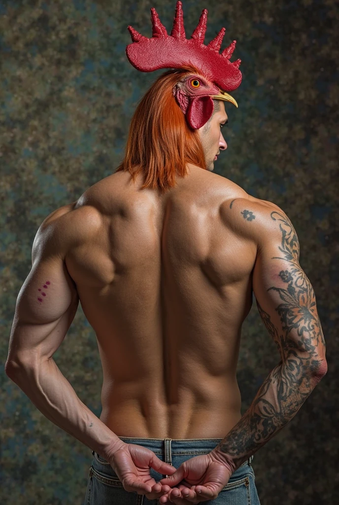 a huge muscular naked Scottish man with a tiny waist, bodybuilder wearing a red thong, with an outrageous red mohican haircut, standing side view at a 90 degree angle to the viewer, with hands clasped behind his back, head turned towards the viewer, full body image, seen from a low angle