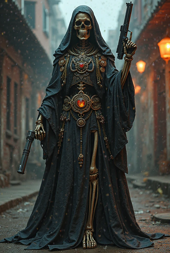 Welcome to a world of realism and fantasy, where the shadowy figure of Death stands before you. Inspired by artists like Phil Koch and Joseph Christian Leyendecker, this is a masterpiece that combines elements of mystery, fear and magic. You will find yourself before a spectral figure, with the face shaped like a skull of death. Her predatory eyes glow with dark magic as she moves around the scenery, wrapped in a hood and black cloak of old fabric and occult symbols. Death carries a death scythe in his skeletal hands, a symbol of his ruthless and inevitable nature. His body is a skull, his bones exp