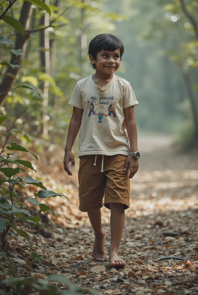 A little boy with delicate facial features is camping in the forest, there is a bunch of delicacies on the table in front of her, the little girl has a happy smile on her face, the table is surrounded by parrots, and there is a tent in the background