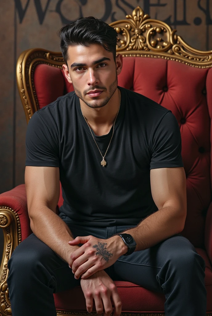 Create a muscular man with black hair and green eyes, side view, totally naked, without underwear, with his penis visible, with its lower part visible. symmetrical composition , sitting on an armchair with his legs wide open looking straight at the camera, authoritarian attitude, cynical smile, Smirking, a ring with a ruby , In the background a large art nouveau decorated salon, big windows, focus on the expression of man, slightly leaning forward, slender body with marked muscles, broad focus, You can see her feet with full body dragon tattoos, NSFW