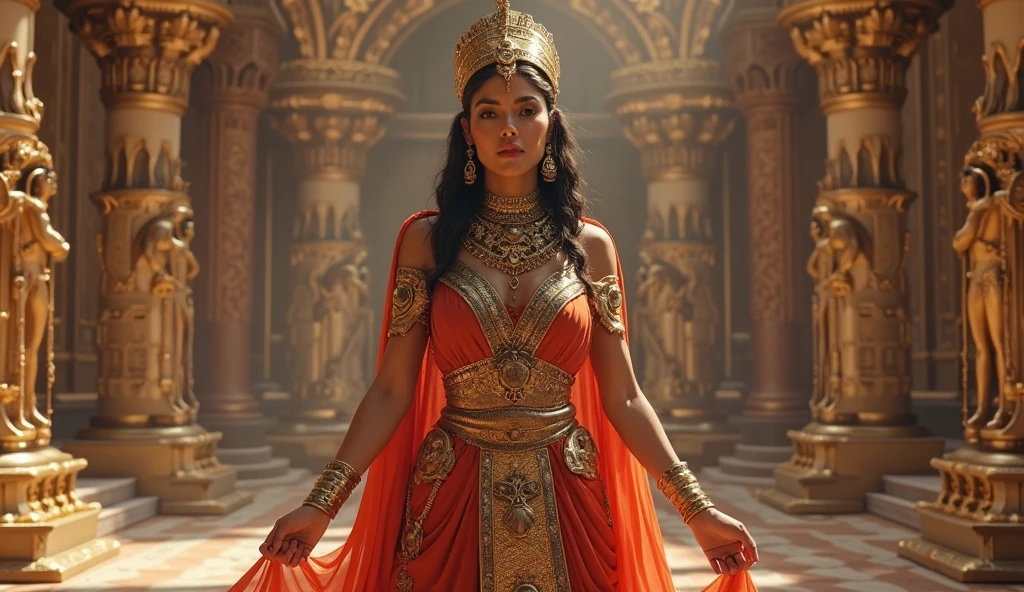 Music video style scene of a Young korean woman, O-yoon wearing golden crown. O-yoon is performing in a music video in front of a row warriors with flaming swords