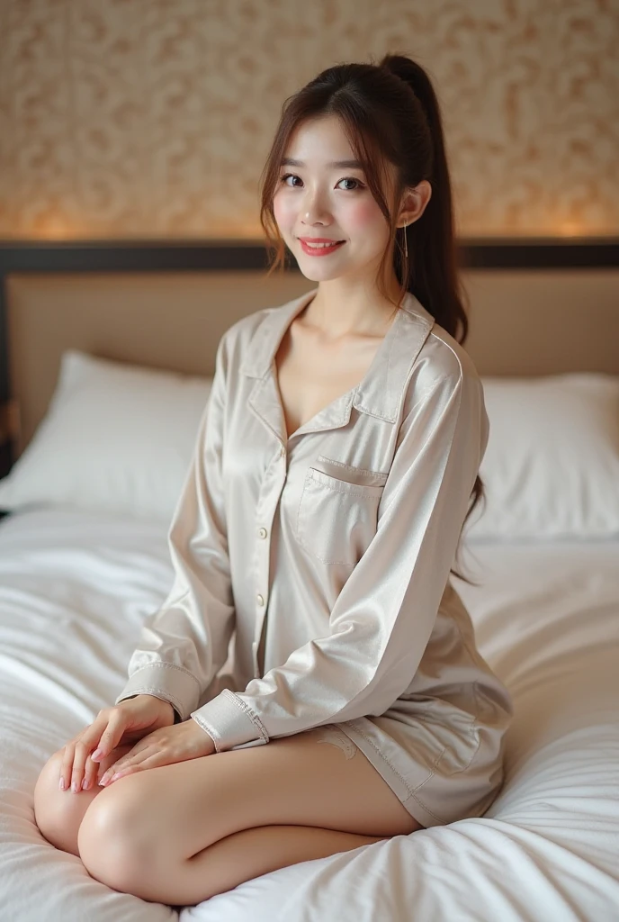 highest quality, masterpiece, Ultra-high resolution,8k, (Realistic:1.6), (Standing portrait) RAW Photos, 1 girl,(Smiling and winking, showing his teeth)), 22 years old,((Beautiful feet)),((In pajamas)),((Thin colored ribbon braided hair)),((From above:1.4)),Face Focus:1.4,((From under the loft)), Image Media Chest)),((Smiling with teeth showing)),