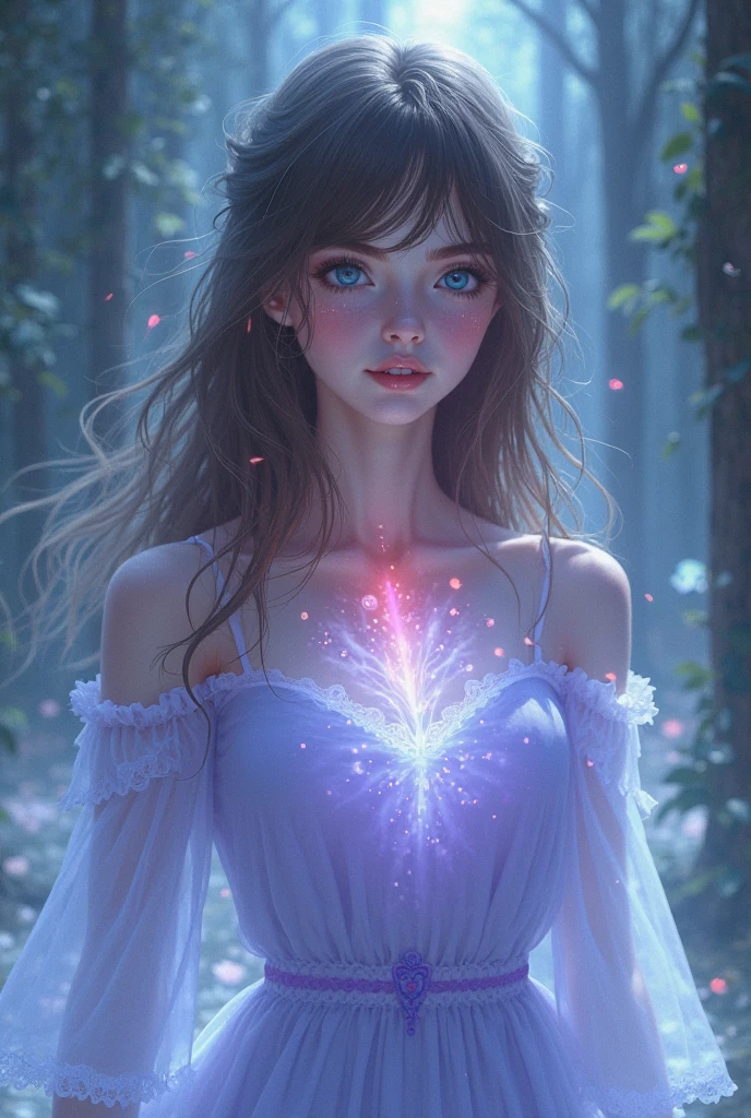 Beautiful Young Woman covered with tree branches , bright blue white glowing heart visible from human, Night time , colorful, photography hyperdetailed cinematic lighting hdr, softbox lighting, extreme detail --auto --s2