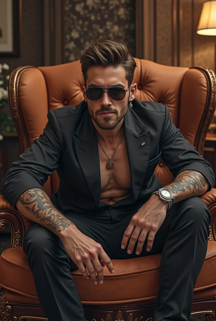 Twenty five year old confident man dressed all in black with cool sun glasses on a black throne in a firey room 