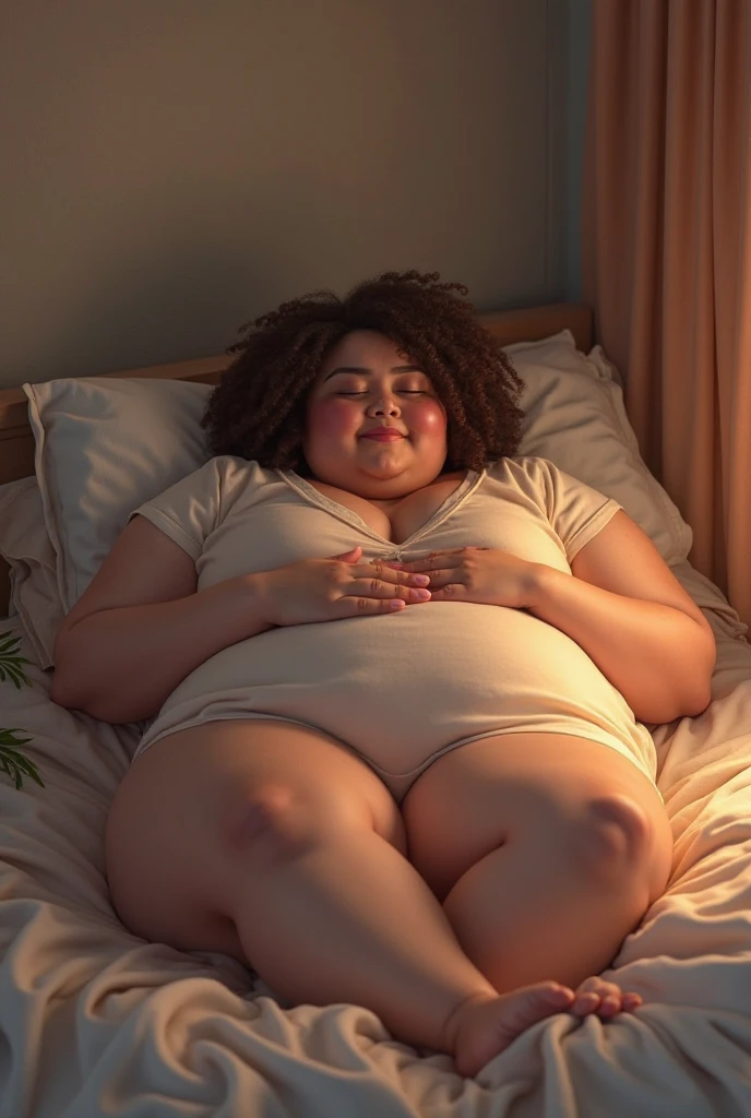 A moderately fat woman, White skin , brown hair with glasses and has many freckles, lying on her back in a tank top on a bed covered with a yellow quilted sheet