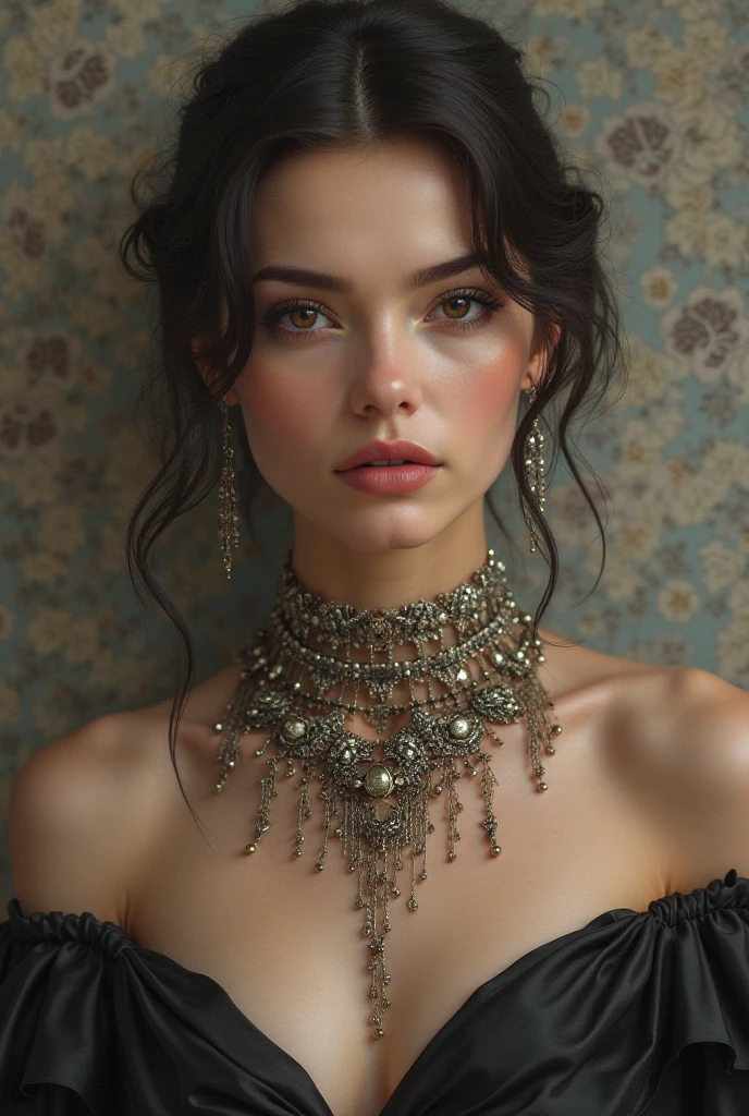 a close up of a woman wearing a dress and a tiable, a beautiful victorian woman, gorgeous woman, alluring mesmer woman, baroque art jewelry, beautiful maiden, victorian lady, rococo queen, gorgeous beautiful woman, wearing elegant jewellery, exquisite aristocratic, intricate and elegant, elegant victorian vampire, victorian style costume, in a high renaissance style, 4K
