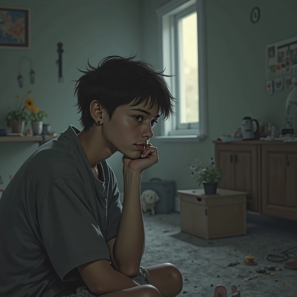 Sad crying sitting in the corner of a kitchen, worn out Brazil t-shirt, poverty, famine, misery, dirty body without showering, thousands of large insects flying.