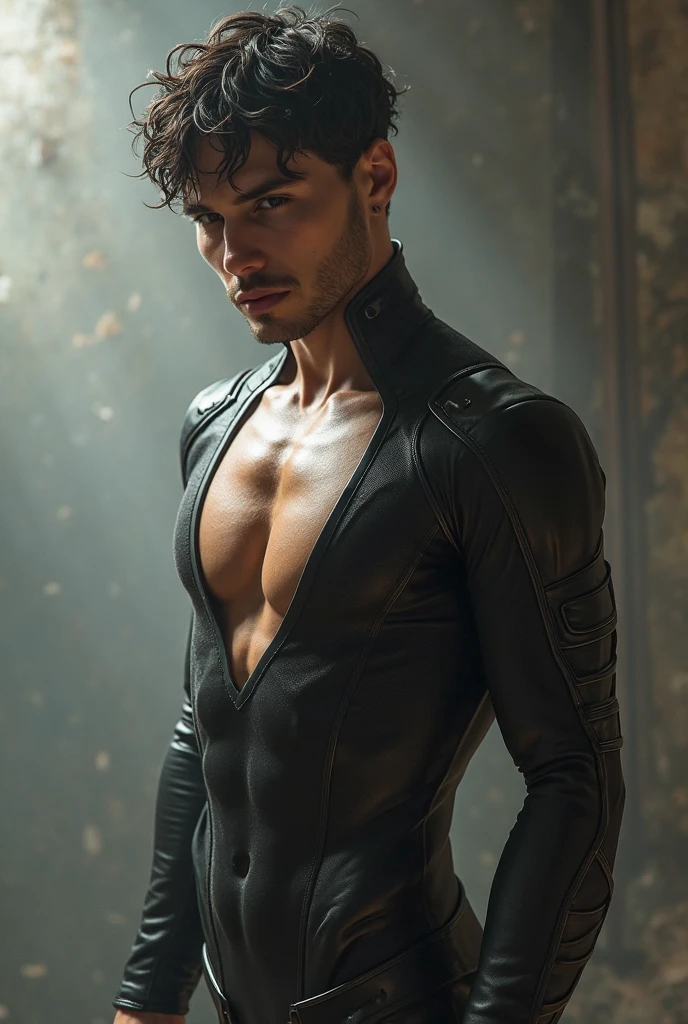 Portrait of an young soft male dark warlock in a fantasy setting. Skinny. Kind. Friendly. Soft. Very pale skin with freckles and liverspots. Dark-brown hair. Short Undercut. Sides shaved. Big upturned dark-brown eyes. deep-set eyebrows. Very thinned out bright eyebrows. Long wide nose. Curved lips. Long soft face. Round chin. Long neck. Slim body. Black clothing. 