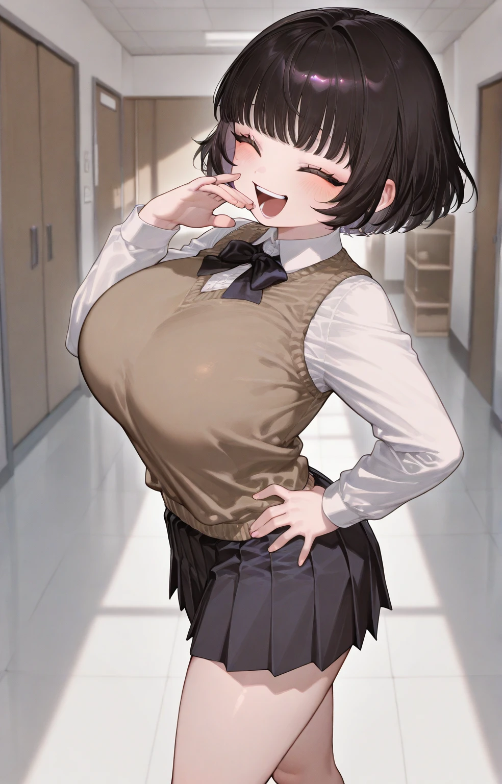 (Perfect body),Best Quality,(8K Portrait),(Official art)、(NSFW)、embarrassed from、((:D))、(((Surprised)))、(((blush))),(Sweat),Huge breasts、(((Big ass)))、(Brown hair),((short-hair))、((Forehead))、((Parted bangs)), (eyes are brown)、(Brown eyes),(((thick thighs)))、((White blouse))、((Black Pencil Skirt))、Officelady、((Locker Room))、Put your hands behind your head、(front-facing view)
