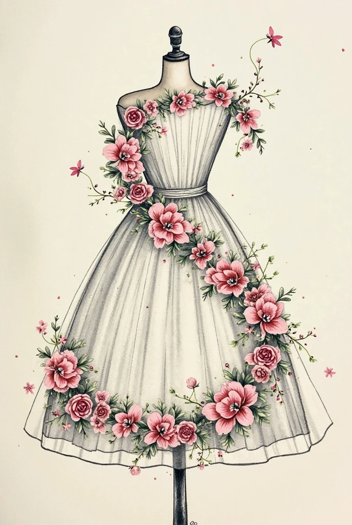 Sketch of a dress with flowers in its fabric and short lace, neutral colors