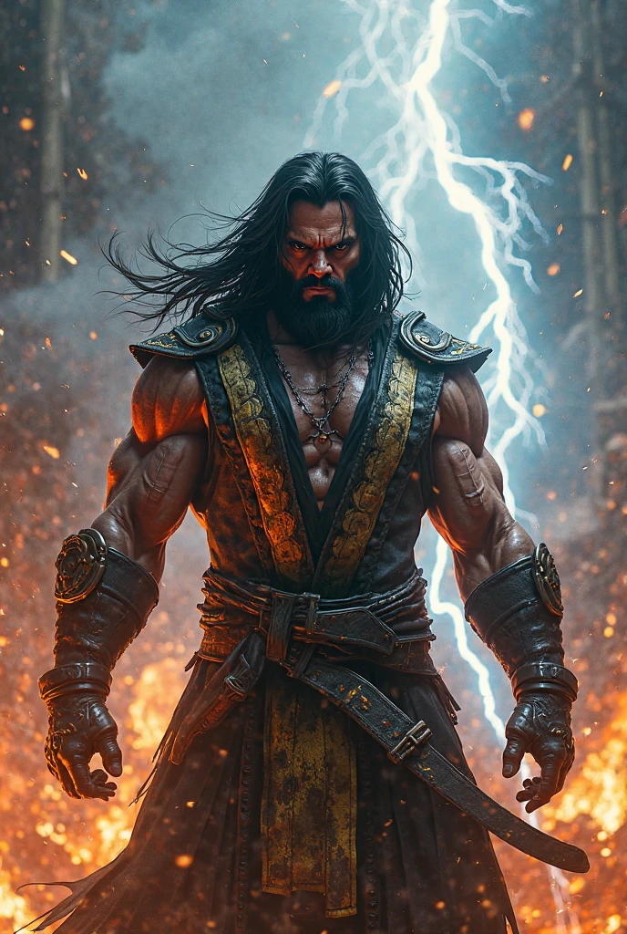 Muscular man, on a wounded battlefield, screaming angrily and mouth open, eyes letting out red smoke, holding a sword in his right hand.