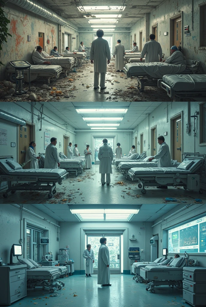 Draw the cover of Chapter 2 of the book with Ethan, Amelia, and Adam together, looking out over the NeuroTech test room, with patients sleeping in beds with cables plugged into their heads. The background can be dark and gloomy, giving the feeling of danger and suspense. Put the title "The Hidden Perils" prominently, with the futuristic-style font to show the connection to the book's technology.