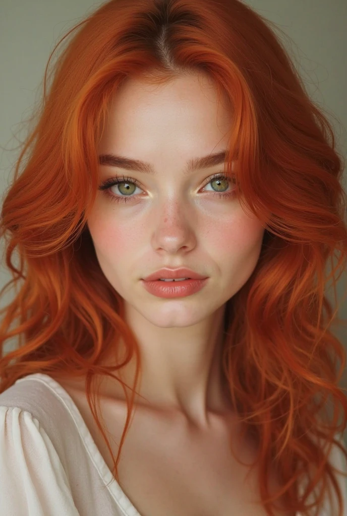 Sapphire, beautiful woman, with long and curly red head with freckles. 