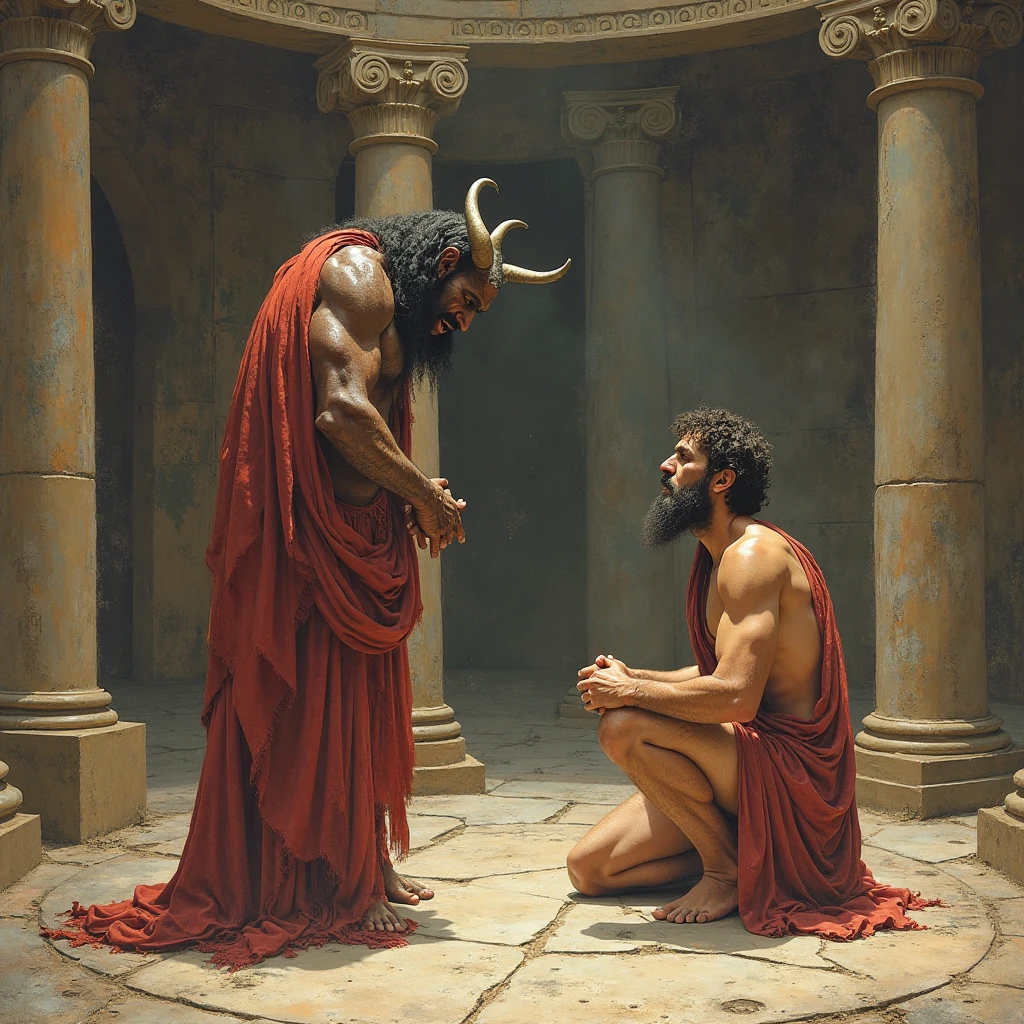 Theseus holding the dead minotaur's head in his hands