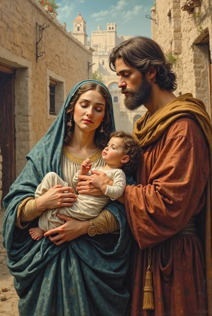 ((best quality)), ((masterpiece)), (detailed), selfie of the holy family, in ancient jerusalem with a hummingbird and a rabbit