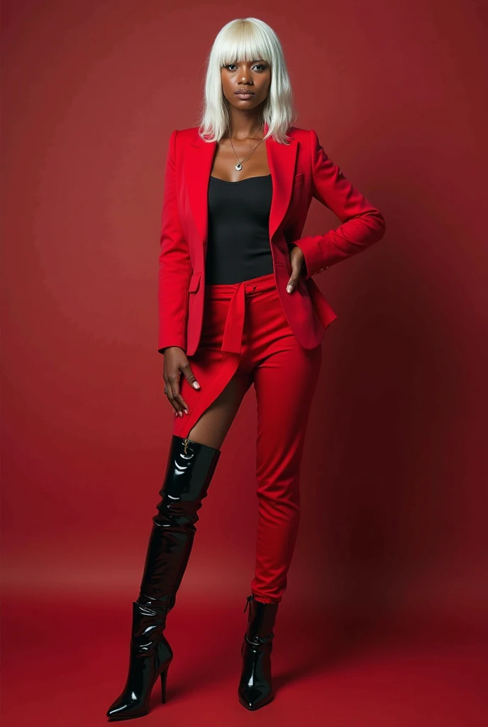 Je veux une photo d’une mannequin métisse, (africain et européen) who poses in a studio with gray background. She is dressed in a red leather blazer and red tights.. Elle a dans les mains des piments rouges. She's got red lipstick. She also has lots of blonde braids in her hair.. 