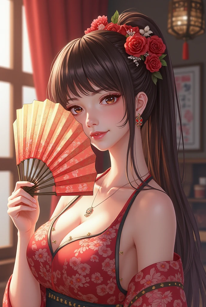 Japanese Beauty,Cherry Blossoms,Petals are just beginning to fall, In a park rich in nature、plant, (((Sexy姿势的杰作))), ((best quality)), ((complicated)), ((Surrealism)), Mature woman, Mature woman, , Very detailed, shape, mai Shiranui, ((Huge breasts)), Perfect hands, Finger details, beautiful eyes, ponytail,Brown eyes, (mai Shiranui suits:1.2), earrings, Long detailed background, Perfect eyes, Charming eyes, Looking at the audience, Rosy cheeks,Sexy,Cleavage,cute,Smile,beauty,Breast close-up,beauty的乳房,Osaka Castle,Japanese Shrines,Lots of hair