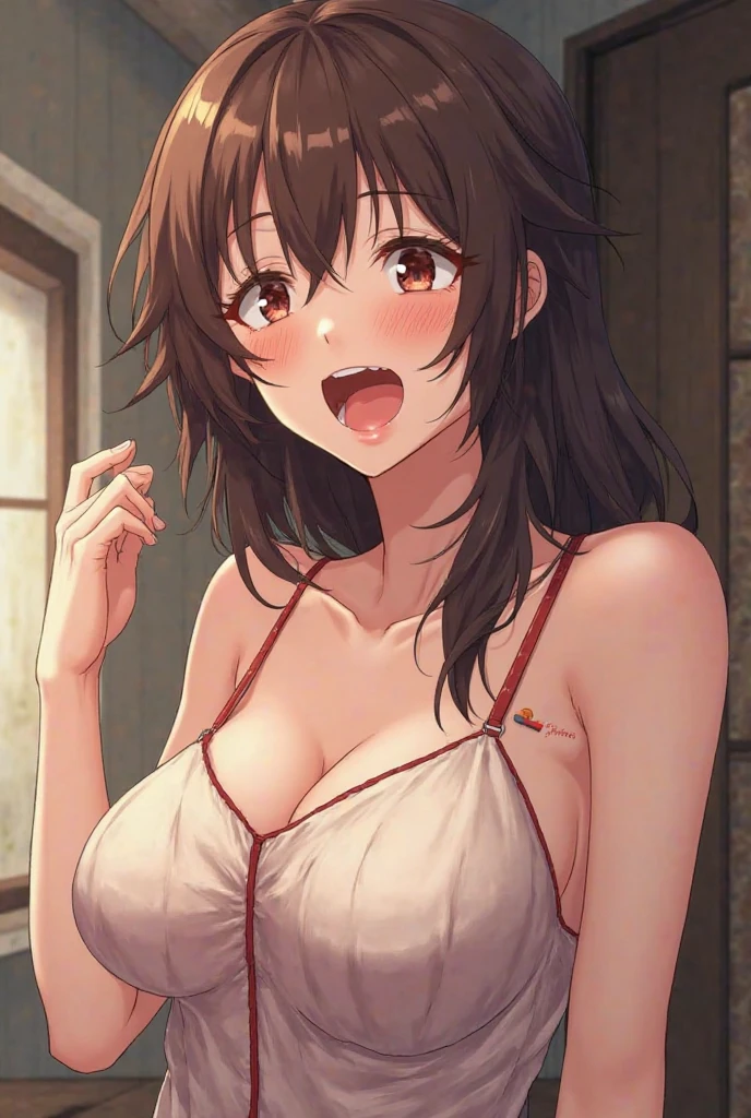 ((Tabletop, Highest quality, High resolution, , Pixel Perfect, 4K,))), 1 female, 、The whole body is visible、 ((Long Wavy Hair, bangs, Brown Hair)), ((Brown eyes, Beautiful eyelashes, Realistic eyes)), ((Detailed face, Blushing:1.2)), ((Smooth texture:0.75, Realistic texture:0.65, Realistic:1.1, Anime CG Style)), Medium sized breasts, Dynamic Angle, Perfect body, (( , , Off-the-shoulder sweater、No bra、、 Pink lace panties、、、)), Gold Hair Ornament、Cross Necklace、、Very embarrassing panic smile, 、、、、、Leaning forward、Nipples are slightly visible、Sidetick your butt out、Luxury apartment kitchen、、、、、、 、)、