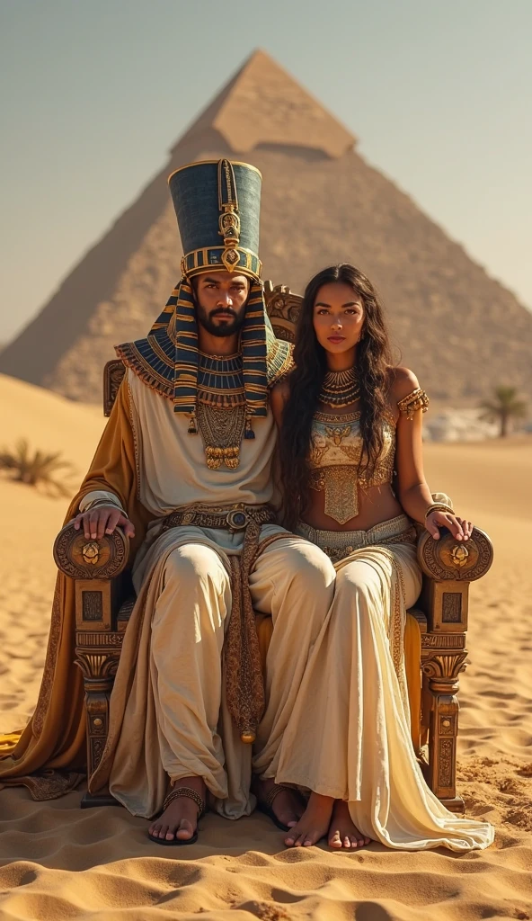 ultra realistic, Egyptian pyramid and river background , Cleopatra milf, 38 years, ( long decorated (Cleopatra dress)), with two men 8K, чёткие черты лица